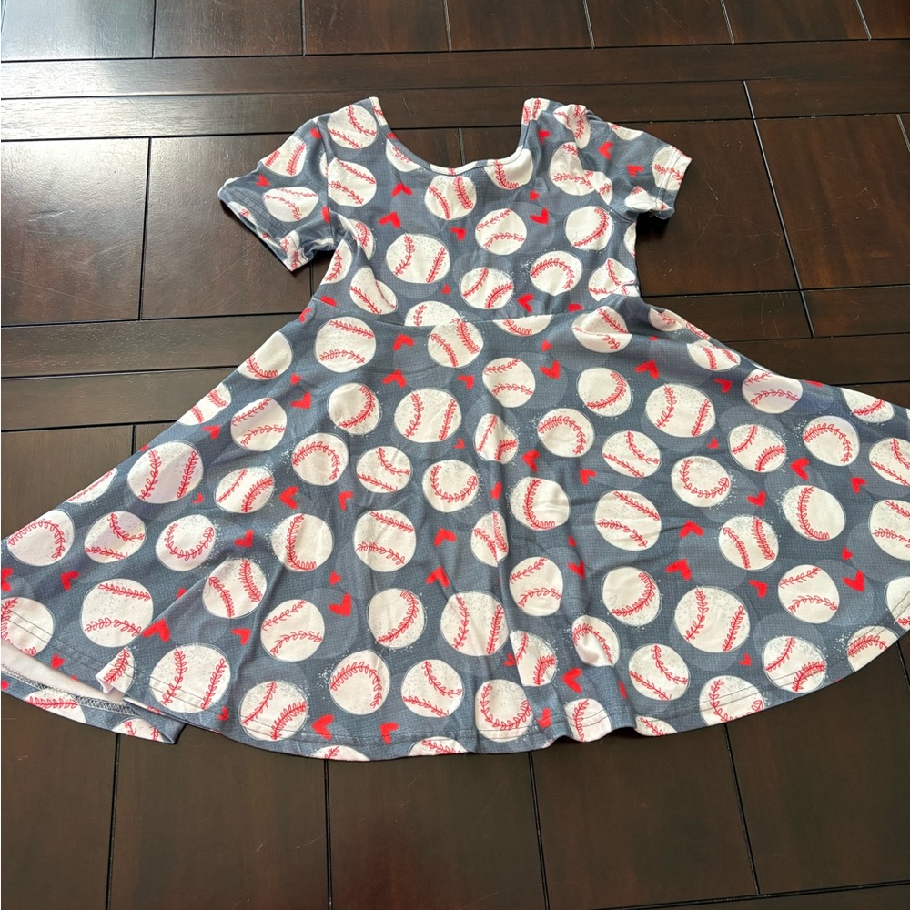 Baseball Print Kids Dress - Gray and Red